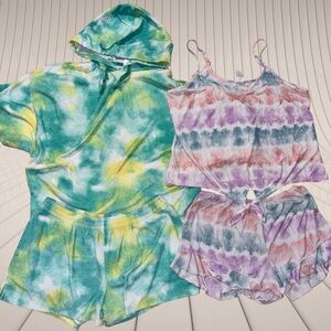 Women’s L/XL Tie Dye Cozy Loungewear Sets: Hoodie & Cami Tops + Shorts Pajamas